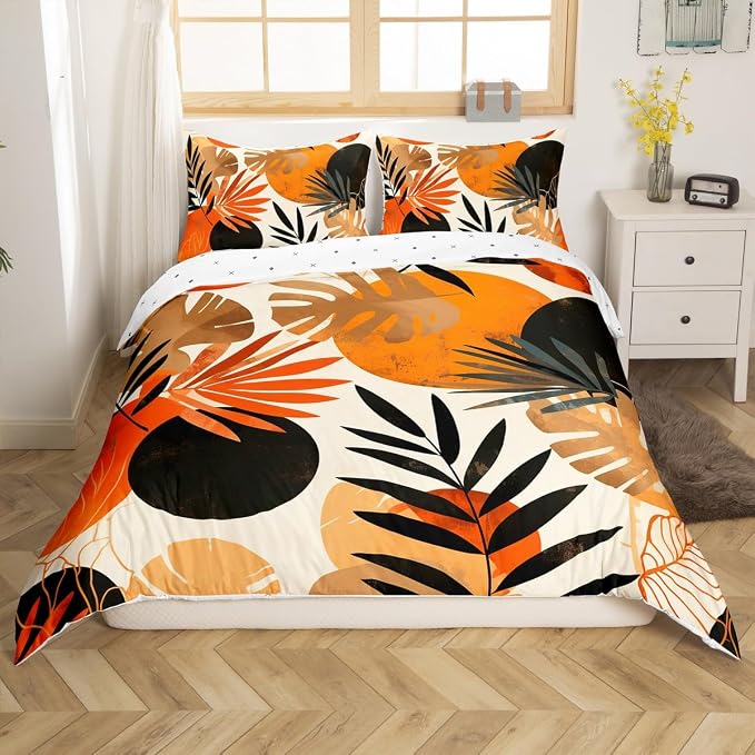 Feelyou Palm Leaf Duvet Cover Twin Size Kids Modern Abstract Art Bedding Set Boys Girls Boho Bohemian Style Comforter Cover Set Mid Century Geometric Exotic Floral Bedspread Cover(No Comforter)
