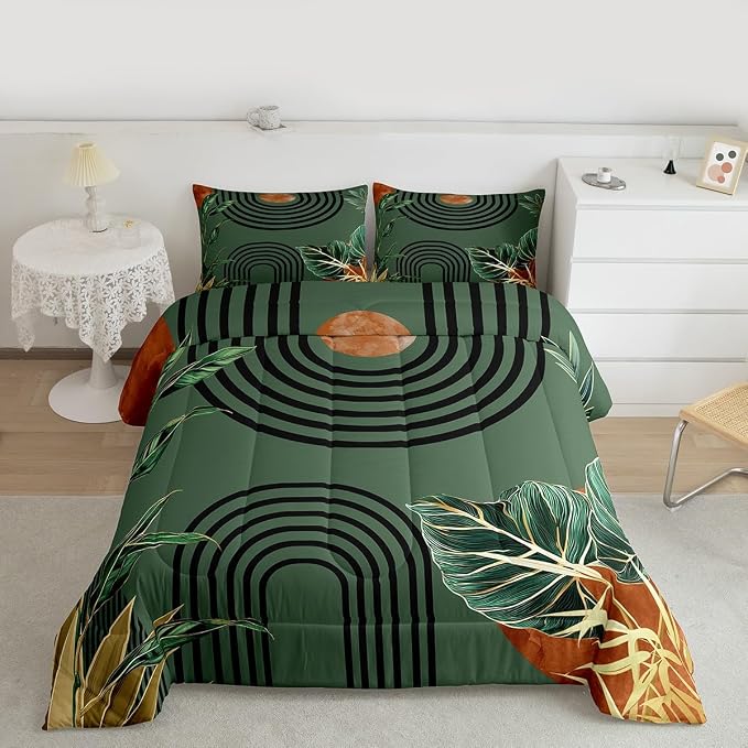 Erosebridal Mid Century Green Toddler Comforter Set Boho Minimalist Aesthetic Bedding Set Modern Plant Botanical Palm Leaf Comforter for Kids Boys Girls Abstract Retro Geometric Neutral Quilt Duvet