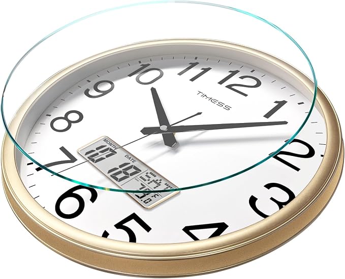 TIMESS Wall Clock, 16 Inch Non-Ticking Silent Battery Operated Quartz Analog with LCD Display for Perpetual Calendar and F° Temperature, Ideal Modern Home, Bedroom, Kitchen, Office Décor (Gold)