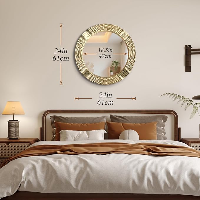 WAMIRRO Gold Round Wood Wall Mount Mirror, 24 Inch Hand Carved Solid Wood Frame Circle Mirror, Farmhouse Boho Decor for Living Room, Bathroom, Bedroom, Hallway & Entryway