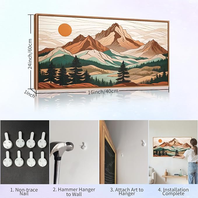 Tinonedraw Mountain Framed Canvas Wall Art, Sunrise Forest Woodland Landscape Art Prints, Boho Ridge Scenery Wall Decor, Wood Pine Wilderness Art Paintings for Living Room Bedroom Office 20"x40"