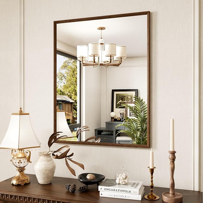 Rectangle Walnut Bathroom Mirror 28x36 Inch, Anti-Rust 4MM Tempered Glass, Modern Vanity Mirror for Bathroom, Horizontal or Vertical Wall Mount