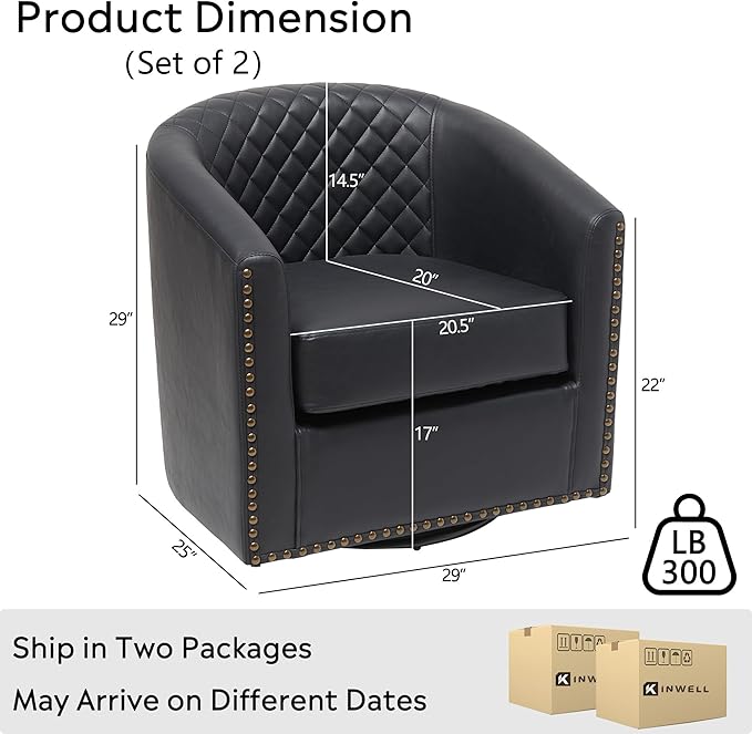 KINWELL 29" Wide Tufted Faux Leather Swivel Barrel Chair Set of 2, PU Leather Modern Upholstered Accent Chairs with Nailhead Trim, Small Armchair for Living Room Bedroom, Black