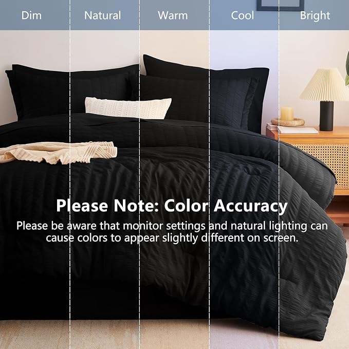 CozyLux King Size Comforter Set Black, 7 Pieces Seersucker Textured Luxury Bed in a Bag, All Seasons Soft Bedding Sets with Down Alternative Comforter, Sheets, Pillowcases & Shams, Home Gift