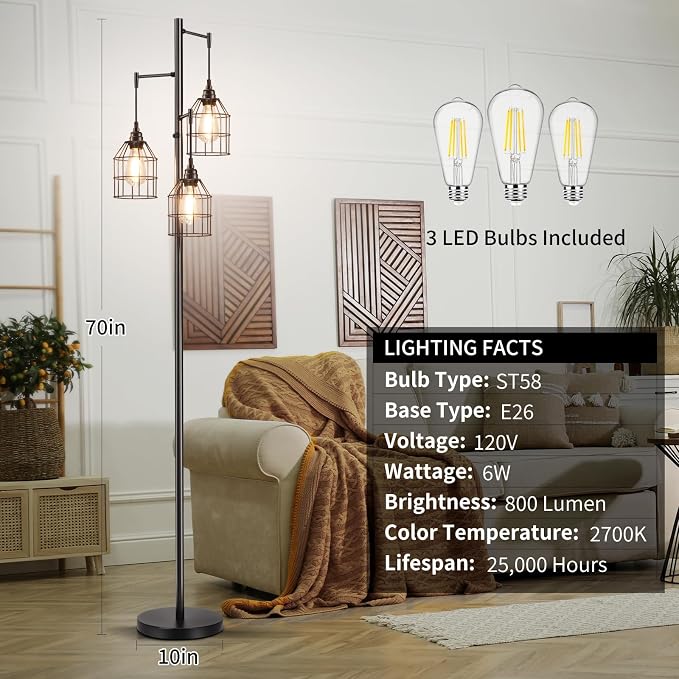 Sucolite 70" Dimmable Floor Lamp for Living Room, Industrial 3-Light Tree Floor Lamp Black with Cages, Farmhouse Rustic Tall Standing Lamp Floor Lighting for Bedroom Office, 3 Free LED Edison Bulbs