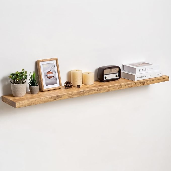 Fun Memories Floating Shelves for Wall Decor Set of 1-48 Inch Solid Elm Wood Live Edge - Rustic Natural Wall Shelves with Invisible Brackets - for Living Room, Bedroom, Kitchen - Natural Finish