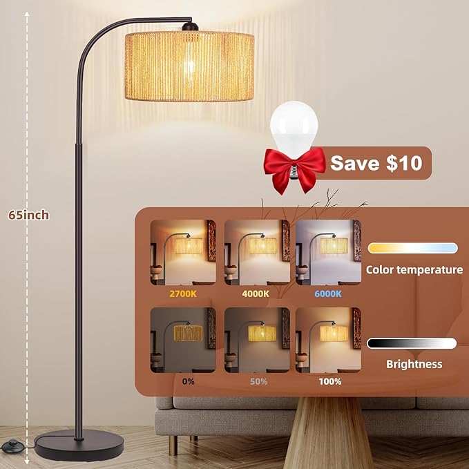 Boho Floor Lamp with Dimmable Bulb Nartual Rattan Adjustable Lampshade, Bronze Rustic Farmhouse Floor Lamps for Living Room, Bedroom, Office, Classroom