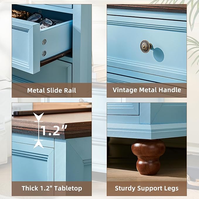 Farmhouse Nightstand with Charging Station, 24" Wide End Table with 3 Drawers,Light Blue Wood Dresser for Bedroom, Bed Side Table Chest of Drawers Cabinet,Night Stand for Living Room, Closet