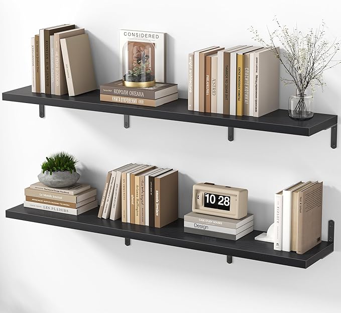 Marsmiles Extra Wide Floating Shelves for Wall, 48x8 Inch Natural Wood Grain Bookshelves, Heavy Duty Mounted Shelving for Bathroom, Kitchen, Living Room, Bedroom,Set of 2，Black