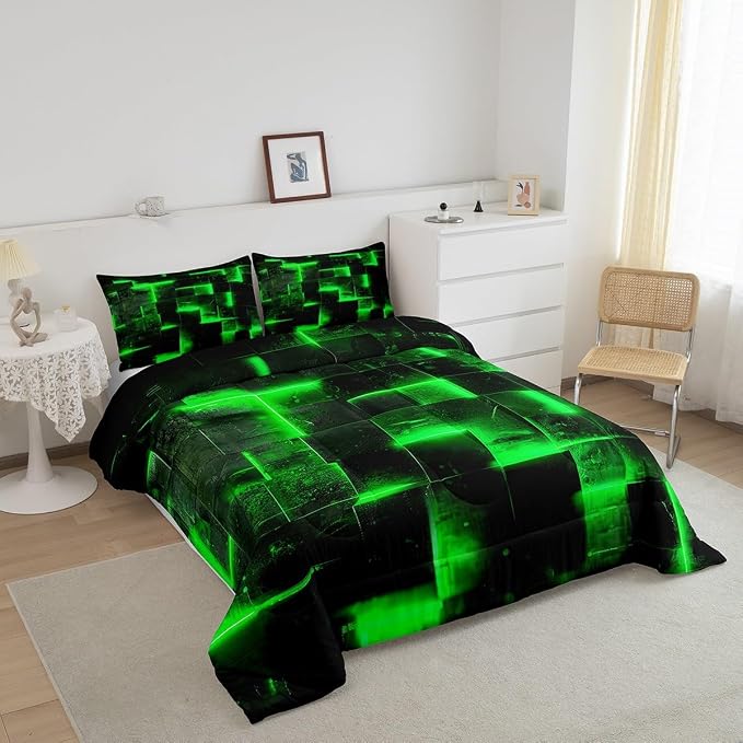 3D Geometric Bedding Set Twin Abstract Aesthetic Twin Comforter, Black and Green Duvet Insert Glowing Futuristic Cubes Quilt Comforter, Neon Grid Bedding Comforters & Sets 2pcs (Black Reversible)