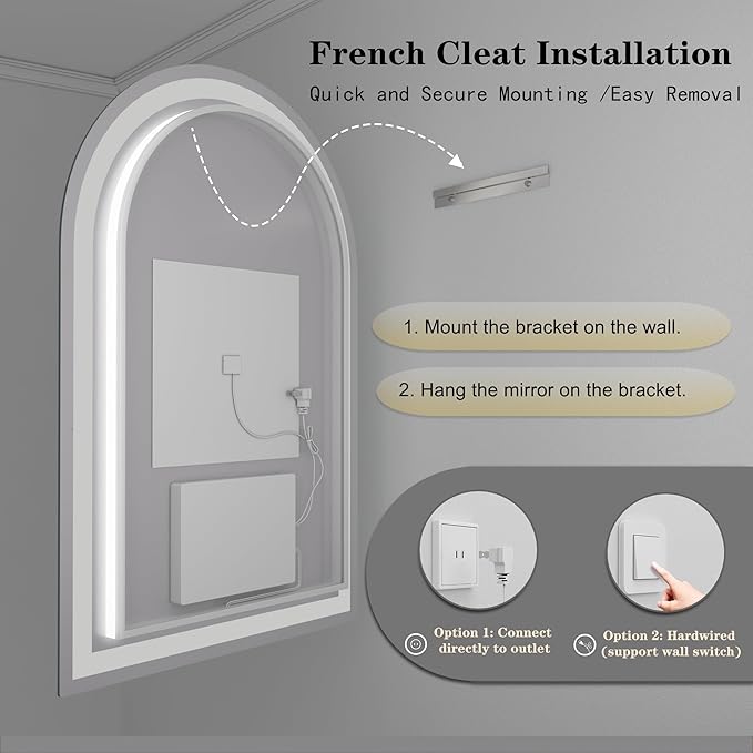 Arched LED Bathroom Mirror 26x38 with Backlit and Frontlit, Dimmable Arched Illuminated Mirror, Anti-Fog, 3 Colors, Memory, Shatter-Proof, ETL Listed