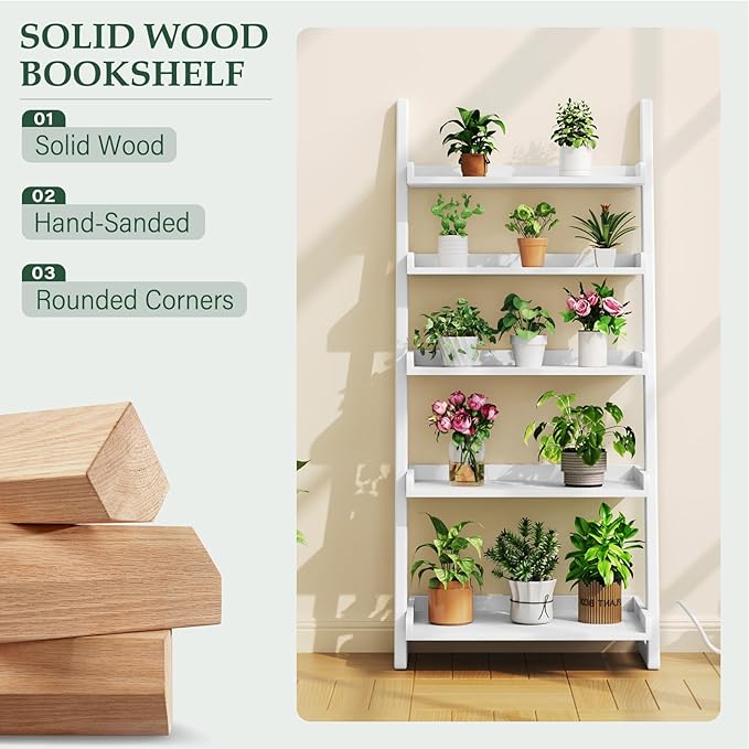 5-Tier Wooden White Ladder Shelf - Solid Wood Leaning Ladder Bookshelf Shelves Bookcase for Saving Space, 55" H Book Shelf for Living Room & Bedroom & Home Office