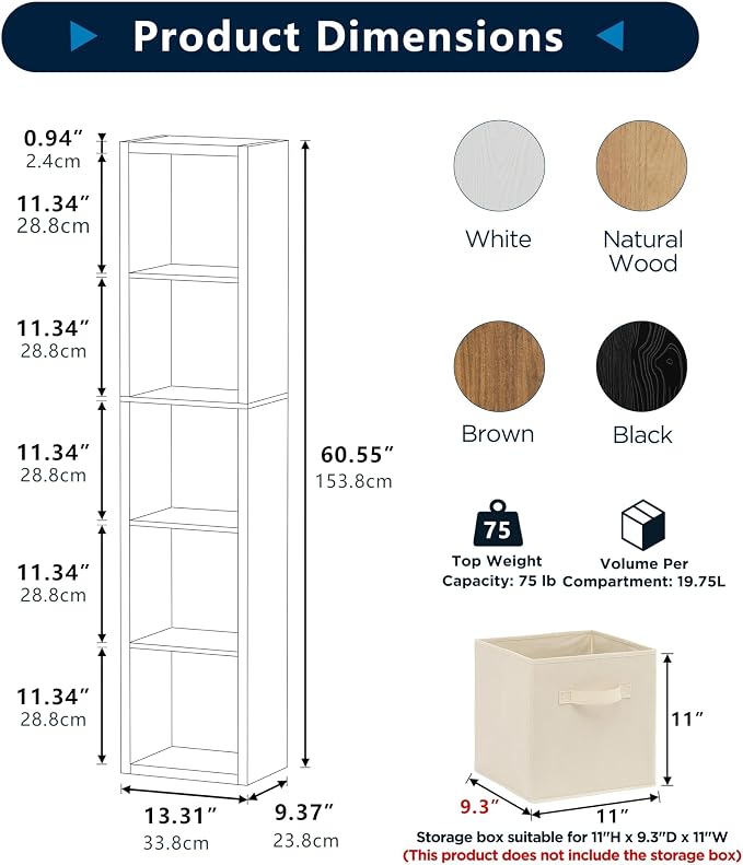 5 Cube Storage Organizer Single Row, Cube Shelf with Heavy-Duty Thick Boards, 13.31" L x 9.37" W x 60.55" H, Smooth Easy-Clean Panels, Simple Assembly, for Living Room Bedroom Office, Black