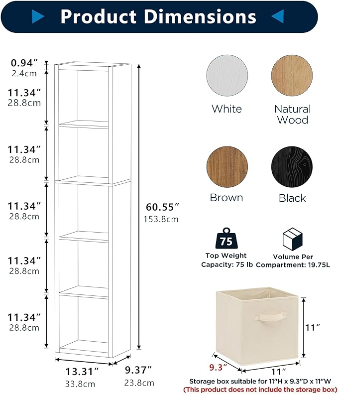 5 Cube Storage Organizer Single Row, Cube Shelf with Heavy-Duty Thick Boards, 13.31"L x 9.37"W x 60.55"H, Smooth Easy-Clean Panels, Simple Assembly, for Living Room Bedroom Office, Natural-Oak