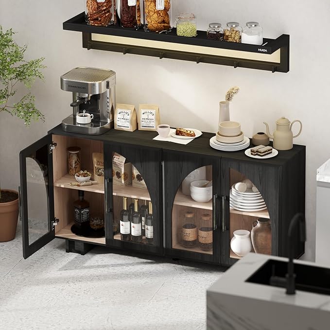 Sideboard Buffet Cabinet with Storage,63” Modern Accent Console Cabinet with Glass Doors,Arched Credenza Storage Cabinet with Adjustable Shelves for Entryway,Kitchen,Black
