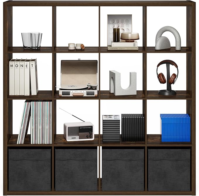 Furinno Cubicle Book Shelf, 16-Cube Bookshelf, Extra Thick Frame Reversible Bookcase with Open Back, 14.6" x 58" x 58", for Living Room, Bedroom, Home Office, Amber Pine