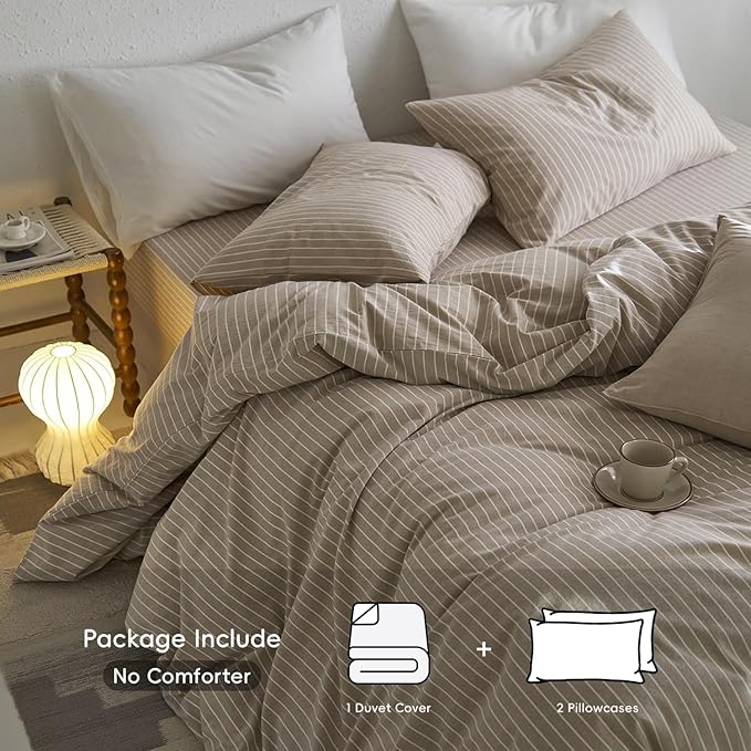MooMee Striped Duvet Cover Set 100% Washed Cotton Linen Like Textured Breathable Durable Soft Comfy (Tannish Linen Grey White Wide Stripes, Oversized King Plus 128"x120")