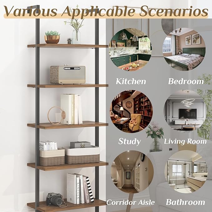 Karl home Ladder Shelf 5 Tier Wall Mounted Bookcase with Metal Frame,Open Design Shelves for Living Room,Bedroom,Home,Office,Rustic Brown (23.6" L x 11.8" W x 70.9" H)