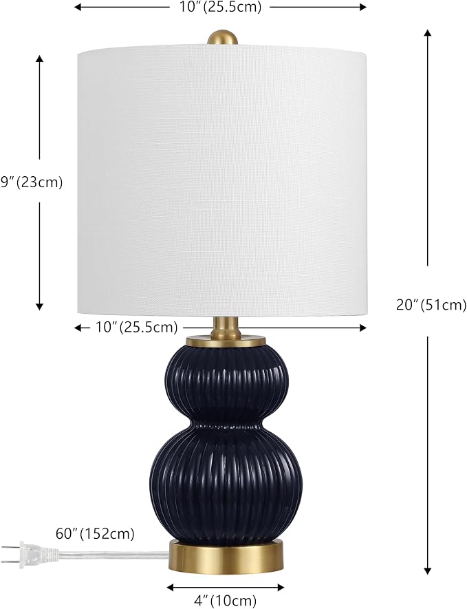 JONATHAN Y 20" Navy/Brass Gold Ribbed Gourd Glass Table Lamp, Modern Bedside Lamp for Bedroom Living Room, White Linen Drum Shade, LED Bulb Included (JYL1099D)