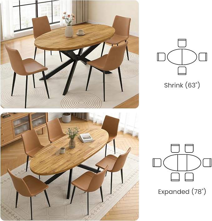 63"-78.7" Extendable Round Dining Table Set for 4, 5 Piece Mid Century Modern Oval Kitchen Table Set, Large Dining Table with 4 Dining Chairs for Living Room Space Saving（Walnut Table+4 Brown Chairs)