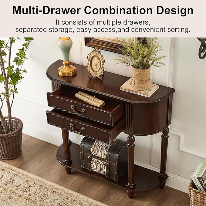 Console Table with Drawer Retro Entryway Table with Retro Handle and Open Storage Shelf Narrow Long Behind Couch Sofa Tables Space-Saving for Hallway Living Room(Dark Walnut,35.43x11.81x35.43in)