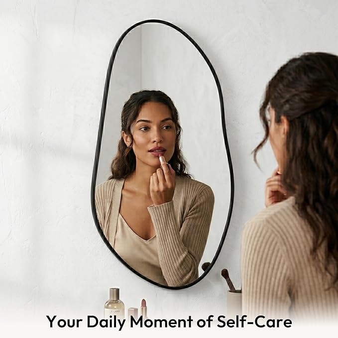 32 x 16.5 Inch Irregular Wall Mirror, Asymmetrical Black Decorative Mirror with Matte Aluminum Frame, Tempered Glass Organic Shape Mirror for Entryway, Bathroom, Bedroom, Vanity & Hallway