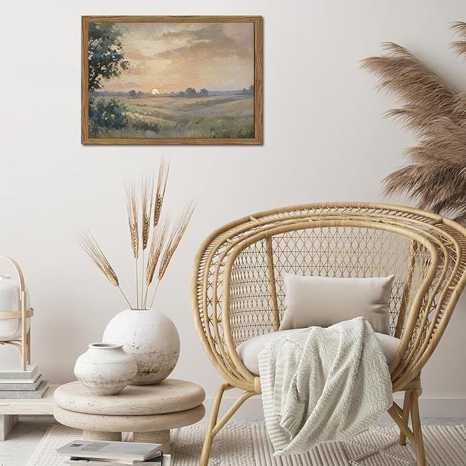Vintage Sunset Wall Art Rustic Cottagecore Landscape Wall Decor Fall Country Nature Painting Artwork 3D Textured Sandstone for Living Room Bedroom 16x24 Inch Wood Framed