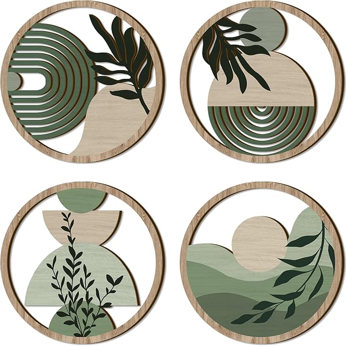 TOARTi 4 Pieces Green Botanical Wooden Wall Art Bohemian Hanging Art Farmhouse Geometric Wooden Wall Decor Aesthetic Tropical Plant Artwork Boho Minimalist Wall Decor for Bedroom Living Room