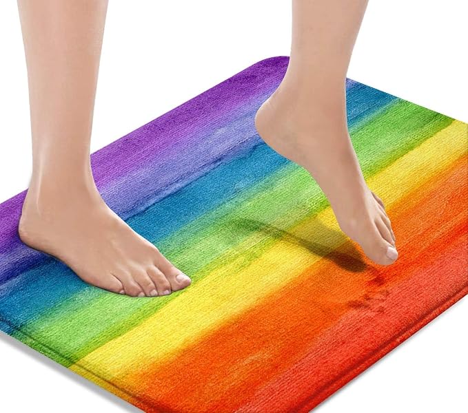 Britimes Bath Mat for Bathroom, Colorful Stripe Rainbow Washable Cover Floor Rug Carpets Floor Mat Bathroom Decorations 18x30 Inches for Kitchen Bedroom Indoor
