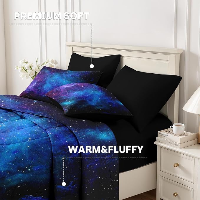 Nesker Comforter Set Queen Size, Galaxy Retro Star 7 Pcs Bedding for Kids and Adults, Space Science Night Sky Bed Sheet Sets with Fitted Sheet 2 Pillowcases & 2 Shams
