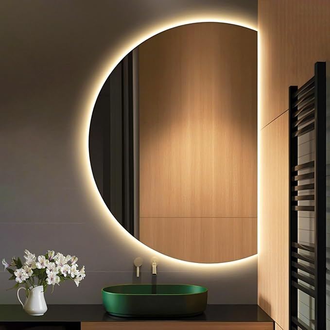 Modern Smart Anti-Fog Bathroom Mirror with Lights, Half Moon LED Wall Mirror, 3 Colors Dimmable Makeup Vanity Mirror, Large Frameless Decorative Mirror for Living Room(Right Cut,47"x32")