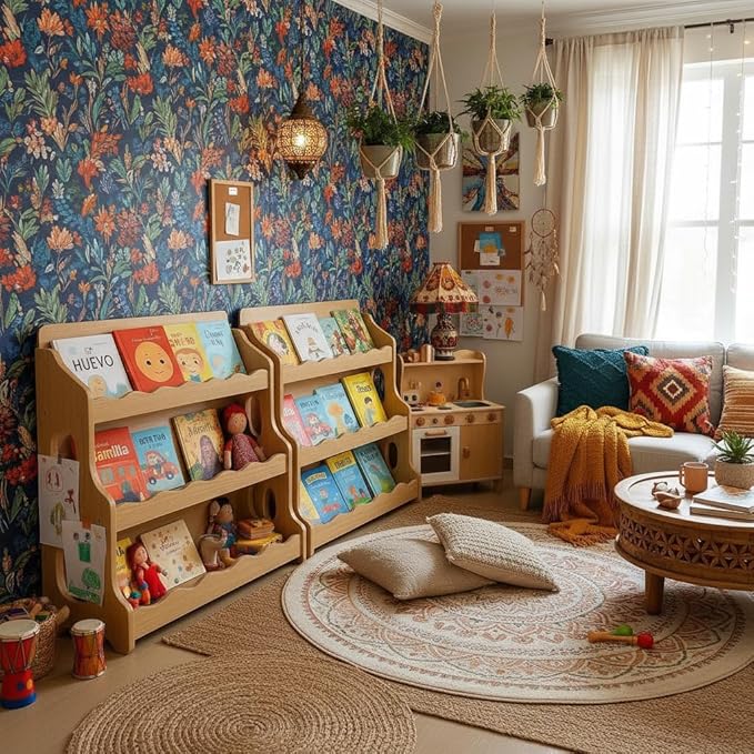 Kids Bookshelf Wooden Montessori Book Shelf Dutch Design 3Tier Scalloped,NaturalMapleWood GrainPattern