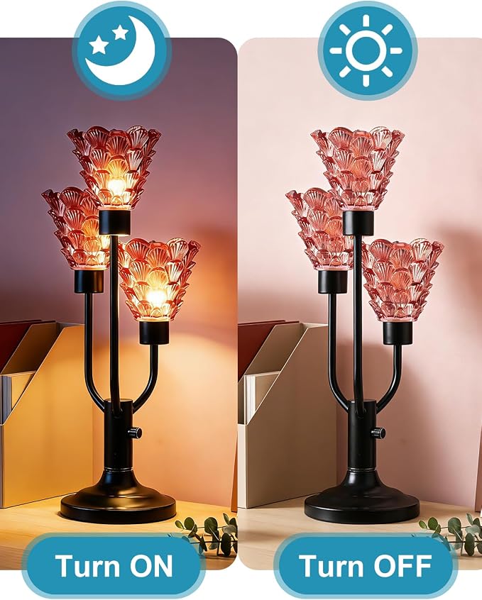 Lightdot Vintage Mid Century Modern Table Lamp for Living Room Dimmable Nightstand Lamp Red Glass Black Desk Lamp 3 Bulbs Included Warmwhite Ambient Bedside Lamps for Bedroom Home Office Decor Gift