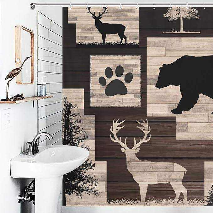 Rustic Cabin Bear Animals Shower Curtain Deer Forest Wildlife Wooden Country Lodge Hunting Camping Animal Waterproof Shower Curtains for Bathroom Decor 12 Pack Hooks 72x72in (183x183cm)