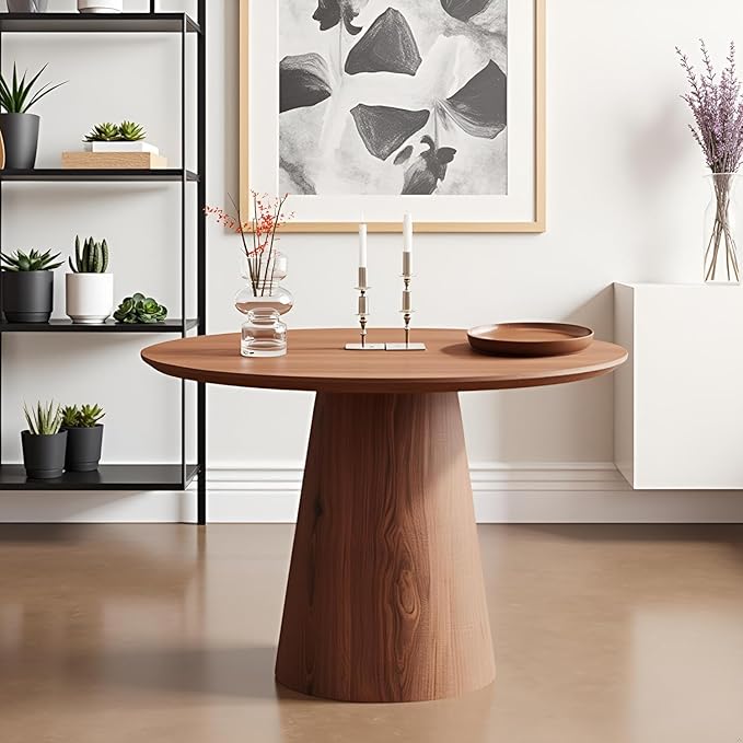 JUSTONE 43.3" Round Dining Table for 4-6,Wood Farmhouse Rustic Kitchen Table with Mid-Century Modern Pedestal Base, Natural Finish for Dining Room/Kitchen/Living Room(Walnut)