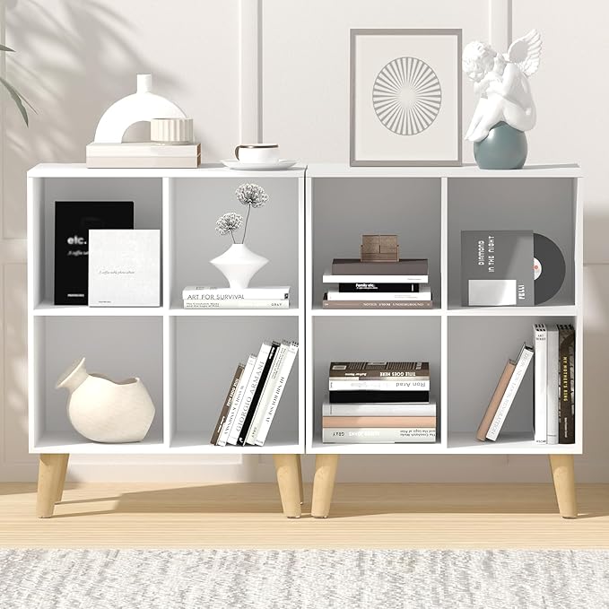 4 Cube Storage Organizer with Legs, 2 Tier Cube Low Bookcase Freestanding Storage Display Organizer for Home Office, Four-Cubes Open Shelf Short Bookshelf (White, 4 Cube)