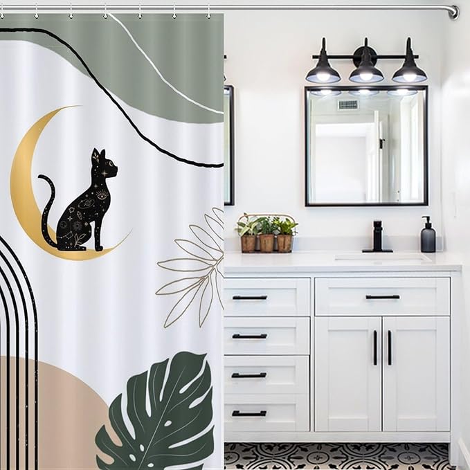 Boho Black Cat Shower Curtain Abstract Mid Century Modern Moon Green Leaf Geometric Mystic Waterproof Shower Curtains for Bathroom Decor 12 Pack Hooks 55x72in（140x183cm）