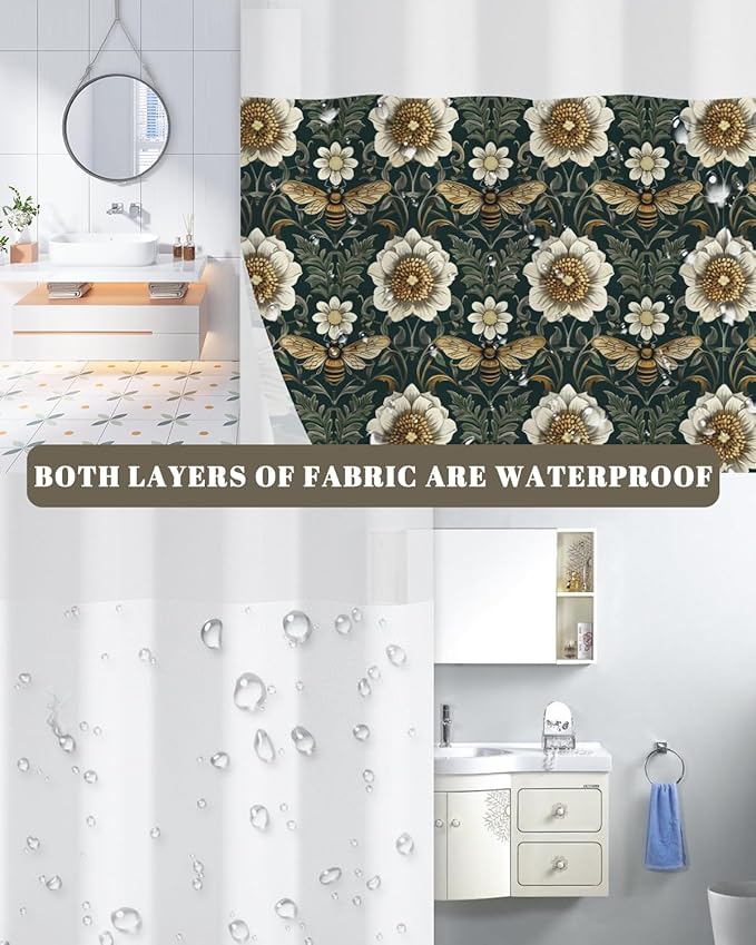 No Hook Shower Curtain with Snap in Liner Set - Vintage William Morris Floral & Bee Print Shower Curtains for Modern Farmhouse Bathroom, Waterproof Bath Tub Curtain with Mesh Top, 71Wx74H