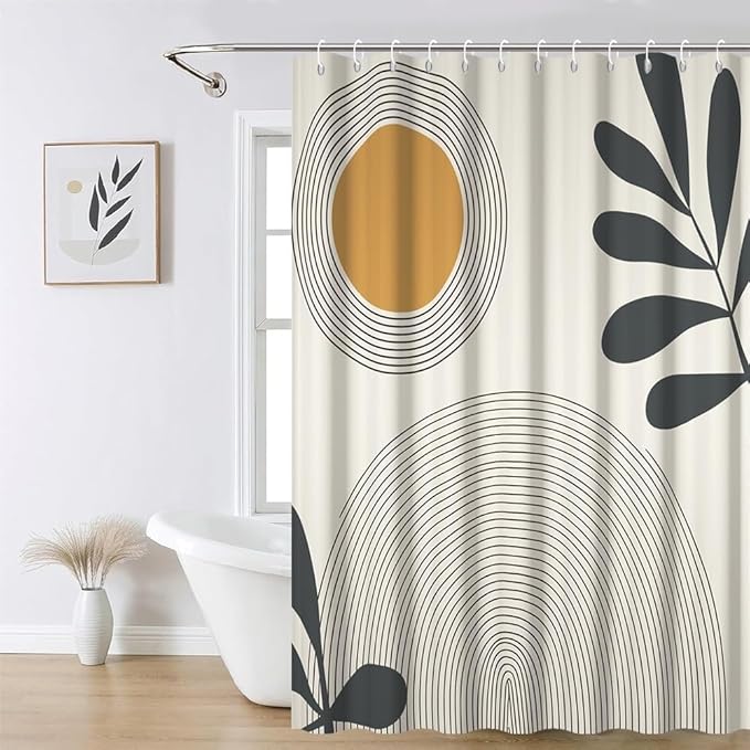 Black Gray Boho Shower Curtain for Bathroom Modern Abstract Minimalist Neutral Bathroom Decor Mid Century Arch Sun Leaf Bathtub Curtains Washable Waterproof Polyester Fabric with Hooks 69x75 Inch