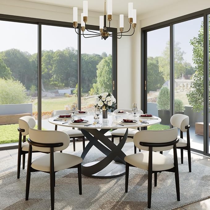 POVISON 59" Modern Dining Table, Glossy White Round Dining Table for 6, Sintered Stone Dining Tabletop with Black X Carbon Steel Base (Table Only)