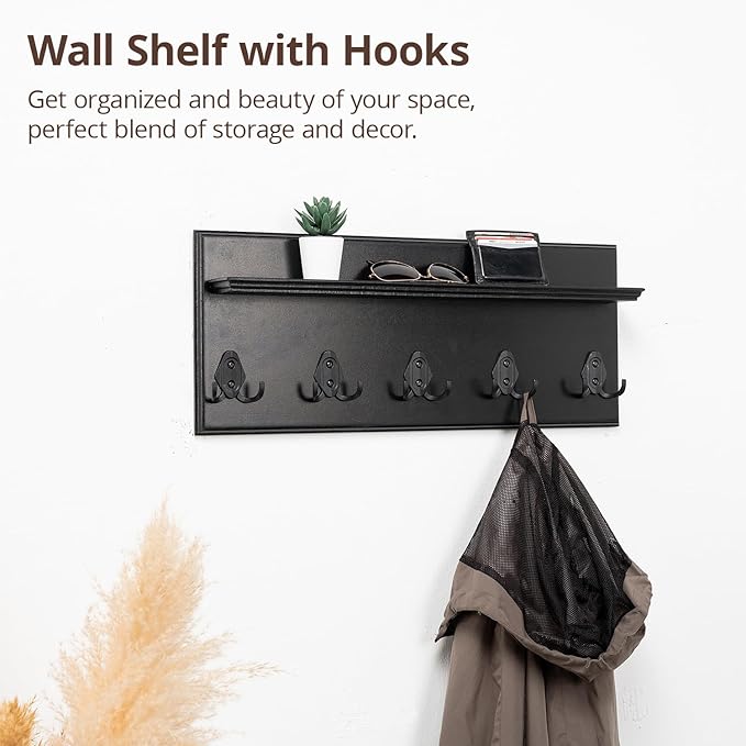 Rustic Wall Mounted Coat Rack with Shelf Wooden Entryway Organizer with 5 Metal Hooks for Coats Hats Towels Keys Floating Storage Shelf for Bathroom Bedroom (Black, 24 inch (5 Hooks))