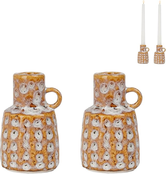 Ceramic Taper Candle Holder Decoration - Set of 2 Candlesticks with Handle Boho Style Candle Burning Display Holder for Coffee Table Centrepiece Living Room Farmhouse Vintage Tabletop Decor Cynkeyee