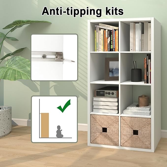 CTESNE【2026 Wooden Thick Frame 8 Cube Storage Organizer Shelf with Anti-Tipping Kits + Reversible Open Back Bookcase, Horizontal and Vertical Dual-use（White,11inch）