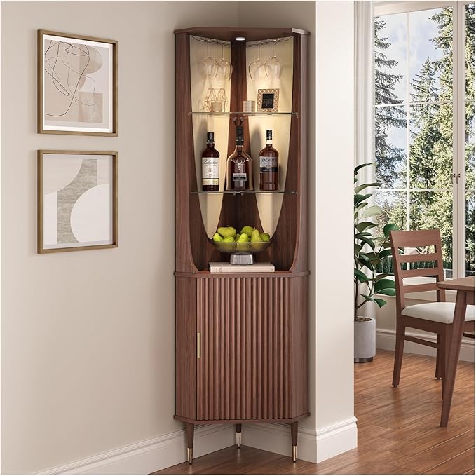 70" Tall Corner Bar Cabinet, Mid-Century Modern Fluted Storage Cabinet with Glass Shelves, Door & LED Lighting, Space-Saving Liquor Cabinet for Living Room, Kitchen, or Dining Room, Walnut