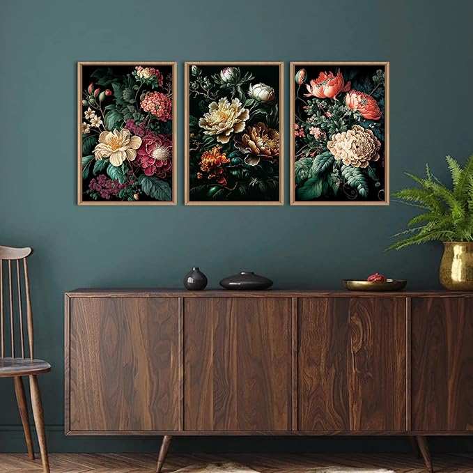 FWIEXA Dark Floral Canvas Wall Art Set, Framed Vintage Moody Flower Wall Decor, Large Black Botanical Wall Painting, Academia Art Print 3 Piece 24x36 Inches for Living Room, Bedroom, Office