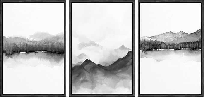SIGNWIN Framed Canvas Print Wall Art Trio of Watercolor Mountain Ranges in Mist Abstract Wilderness Illustrations Art Minimalist Black & White for Living Room, Bedroom, Office - 24"x36"x3 Black