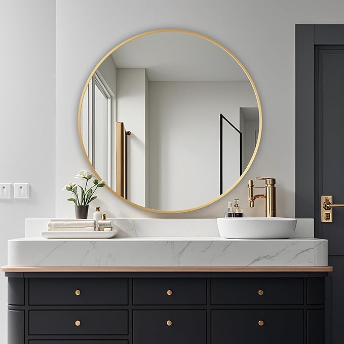 Round Mirror, Wall Mounted Circle Mirror with Brushed Metal Frame, Circular Mirrors for for Bathroom, Living Room, Vanity, Bedroom, Entryway, 36inch, Gold