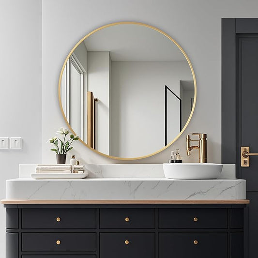 Round Mirror, Wall Mounted Circle Mirror with Brushed Metal Frame, Circular Mirrors for for Bathroom, Living Room, Vanity, Bedroom, Entryway, 36inch, Gold