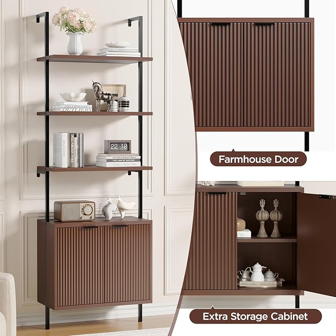 Ladder Bookshelf with Cabinet, 71" Tall Wall Mounted Bookcase with Shelves & Storage, Fluted Ladder Shelf with Metal Frame, 6-Tier Wall Bookshlef for Living Room, Office, Bedroom, Walnut & Black