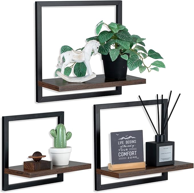 Wall Shelves for Living Room - Set of 3 Geometric Decorative Floating Shelf for Home Decor - Modern Industrial Wall Mounted Shelving Unit for Bedroom Bathroom Corner (Rustic Brown and Black)